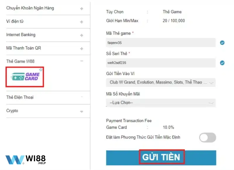 Các bước nạp tiền bằng thẻ cào vào tài khoản nhà cái Wi88